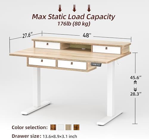TIQLAB 48 * 28 Inch Standing Desk with Four Drawers, Electric Sit Stand Table, Stand Up Desk Adjustable Height with Storage Shelf, Splice Board, Maple