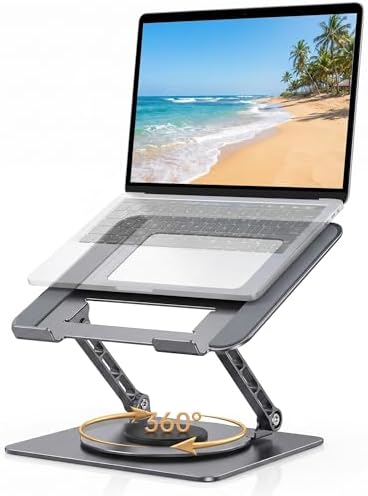 Aluminum Laptop Stand for Desk, Heavy Duty Computer Stand with 360° Rotating Base, Ergonomic Adjustable Height Notebook Riser, Compatible with MacBook Pro/Air, Dell, HP, 10-17” Laptops - Grey