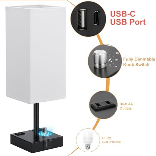 White Bedside Table Lamps Set of 2 - Dimmable, USB C+A, 2 AC Outlets