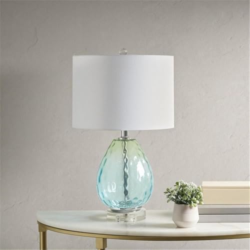 Pemberly Row Contemporary Table Lamp, 23.5" H, Blue-Green Glass Base, White Drum Shade, Adjustable Tilt, 72-Inch Clear Cord, Includes Spiral CFL Bulb, Modern Lighting for Living Room or Bedroom Use