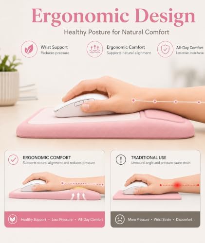 eulps Mouse Pad with Wrist Rest, Ergonomic Memory Foam Mousepad with Soft Wrist Support, Non-Slip PU Base, Smooth Surface for Office, Pain Relief for Laptop & Gaming (Pink)
