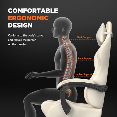 Ferghana Vintage PU Leather Gaming Chair - High Back Massage, Ergonomic Computer Office Chair with Footrest - Racing Style Reclining Beige Gaming Seat