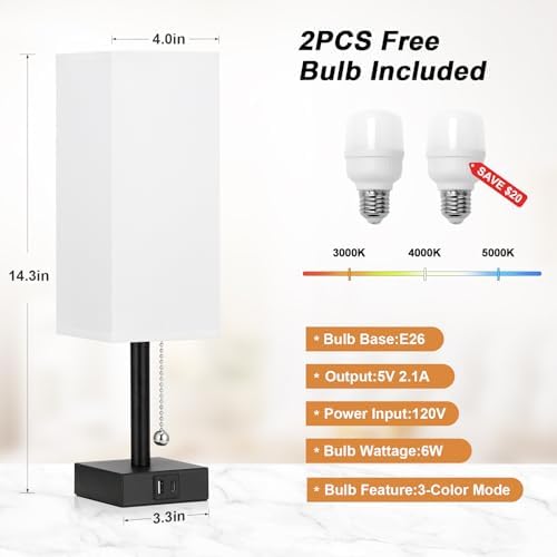 Set of 2 White Bedside Table Lamps for Bedroom - Nightstand Lamp, USB C+A