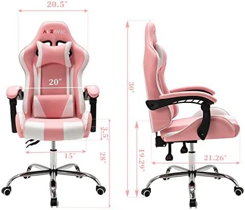 Gaming Chair with Massager, Fabric Gaming Chairs for Adults, Ergonomic Gamer Chair with Adjustable Headrest and Lumbar Support, Reclining Computer Game Chair, High Back, Pink White