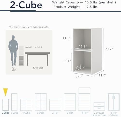 Homes: Inside + Out Apexa 2-Cube Storage Organizer Shelves, Stackable Wood Bookcase Fits Cubby Bins for Organization, Dorm Teen Room Decor & Home Office, White