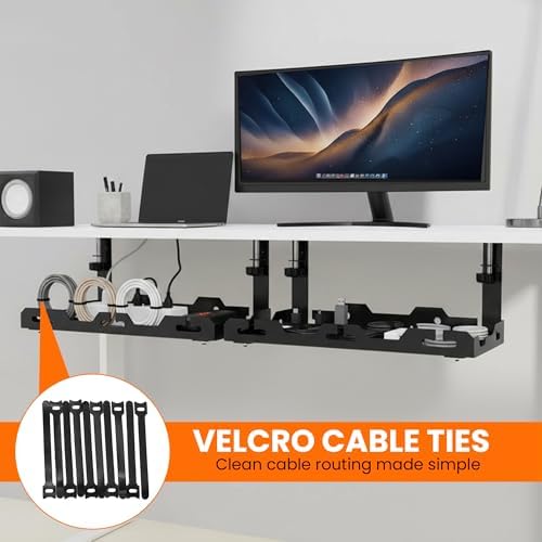 17'' Super Sturdy Cable Tray Under Desk Cord Organizer Standing Desk Cable Management System Large Power Strip Holder Cord Basket With Clamp for Wire Management Rack Office, Home, No Drill & Damage