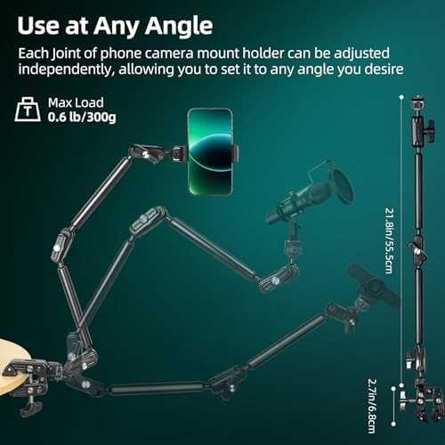 22" Magic Arm Clamp, Overhead Phone Mount Holder Stand, Flexible Desk Camera Mount, Articulating Friction Boom Arm with 1/4" 3/8" Threads for Phone, DSLR, Action Camera,Filming, Light, Webcam, Mic
