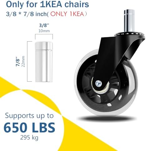 Office Chair Wheels Compatible with 1KEA 10x22mm Transparent 3 Inch Roller Blade Casters,Computer Gaming Replacement Rubber Wheels-Set of 5 for Hardwood Floors Desk Chair Rolling