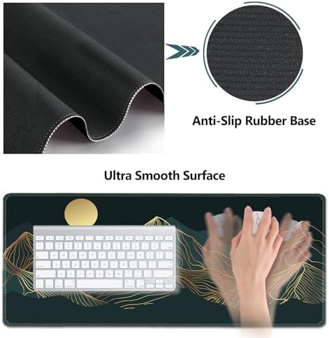 AIMSA Keyboard Mouse Pad Wrist Rest Set, Extended Desk Mat+ Ergonomic Mouse Pad with Wrist Rest+ Keyboard Wrist Support+ Coaster, 35x15.7in Large Desk Pad, Abstract Gold Sun Mountain