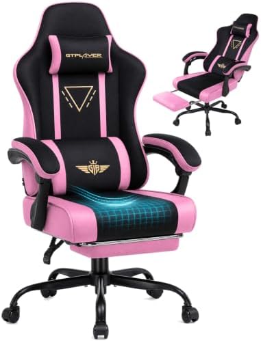GTPLAYER Video Gaming Chair Fabric, Ergonomic Computer Chair with Footrest and Pocket Spring Cushion, Height Adjustable Video Gamer Chair with Lumbar Support for Adults, Pink