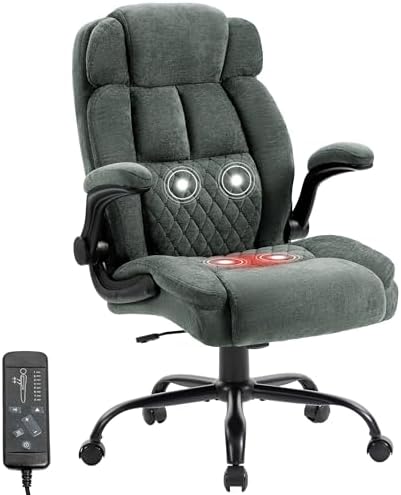Massage Office Chair,500LBS Ergonomic Rocking Executive Desk Chairs with 4 Points Vibration&Heat,Padded Flipup Armrests for Big and Tall Office Chair,Swivel Computer Chair Fabric Green