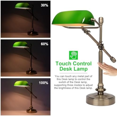 FIRVRE Green Bankers Desk Lamp, Dimmable Retro LED Desk Lamp with Charging Function, Touch Adjustable Dimming E26 Lamp, Retro Style Reading Light for Study, Home Office, Living Room(1Bulb Included)