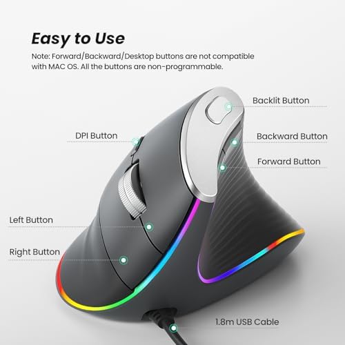 Nulea Ergonomic Vertical Mouse Wired with 11 RGB Backlight and 6 Buttons