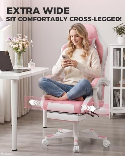 LUCKRACER Gaming Chair with Pocket Spring Cushion and Footrest, PU Leather 90°-155° Reclining Computer Chair, 4.5" Height Adjustment, Ergonomic Office Chair with Lumbar Support, Pink