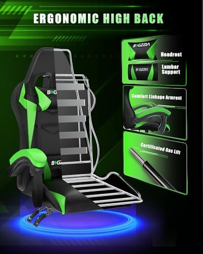 Bigzzia Gaming Chair with RGB LED Lights for Kids & Adults (Black/Green)