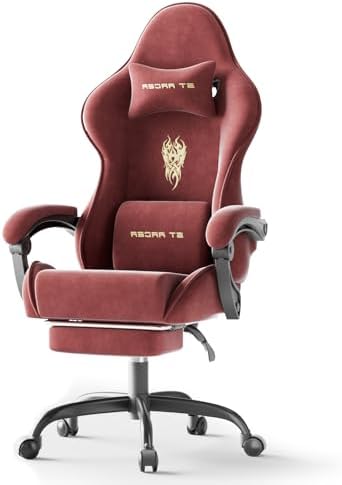 Ferghana Velvet Fabric Gaming Chair, Ergonomic Gamer Chair for Adult, Comfortable Video Game Chair with Footrest and Massage Lumbar Cushion, Racing Reclining Office Home Computer Desk Chair Red