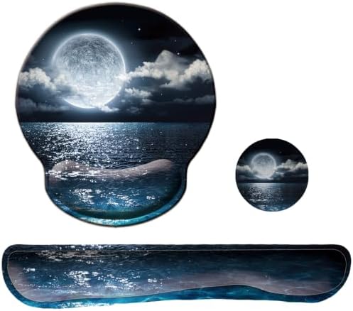 Keyboard Wrist Rest Pad Mouse Pad with Wrist Support Set of 3, Mousepad with Non-Slip Rubber Base, Ergonomic Memory Foam Mouse Wrist Cushion Support for Home Office Laptop Computer, Moonlit Night