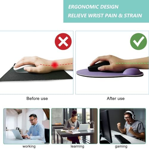 Mouse Pad with Wrist Support, Ergonomic Mouse Pad with Memory Foam Wrist Rest Cushion, Non-Slip Rubber Base Gaming Mice Pad for Home Office Computer Laptop, Purple