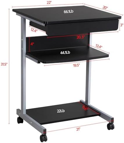 Topeakmart Rolling Desk with Drawer & Printer Shelf, Sturdy Steel Frame, Black