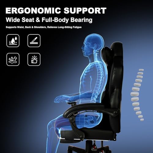 Vigosit Gaming Chair PRO, Ergonomic Gaming Chairs for Adults Heavy People, Massage Reclining Office Desk Computer Chair with Footrest and Lumbar Support, Big Tall Mesh Gamer Chair with Cushion (Black)