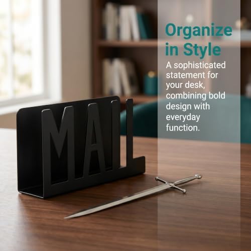 Desk Mail Organizer Holder & Sword Letter Opener Set Cute Modern Office Organizer for Desk Accessories for Women & Men, Reception Countertop Organizer, Home Office Decor（Black）