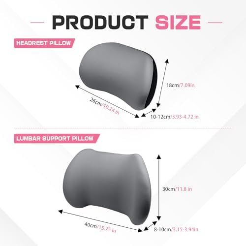 2PCS Car Neck Pillow and Lumbar Support Pillow Set, Ergonomic Memory Foam Back & Neck Support Pillows for Car Seat, Office Chair, Driver Head & Back Cushion and Pain Relief (Gray)