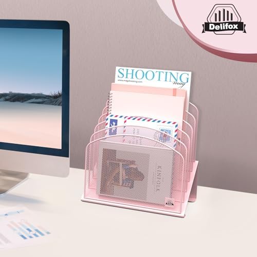 Delifox Inclined Desk File Organizer,Vertical File Folder Holder Stand Metal Rack File Sorter for Office Classroom Desktop Organization (2, Pink, 5)