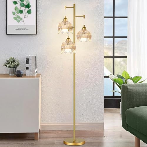 ZECOXOL Gold Floor Lamps for Living Room 3 Lights Floor Lamp with Glass Lampshape & Three Led Bulb,Mid Century Standing Lamp Vintage Brass Tall Lamp Tree Floor Lamp for Bedroom Corner