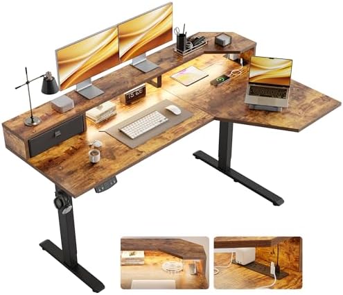 Agilestic 63*35 Inch L Shaped Standing Desk with Shelf & Led& Outlet, Brown