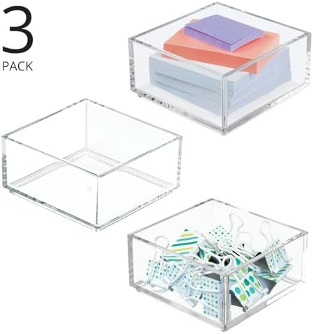 mDesign Plastic Square Desk Organizer - Create Section for Home Office Drawers, Desktop - Holds Pens, Paper Clips, Notebooks and Other Office Supply Accessory - Lumiere Collection - 3 Pack, Clear