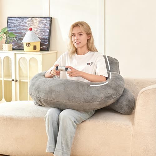 19" Reading Pillow for Bed,U Shaped Arm & Elbow Support,Gray Faux Fur