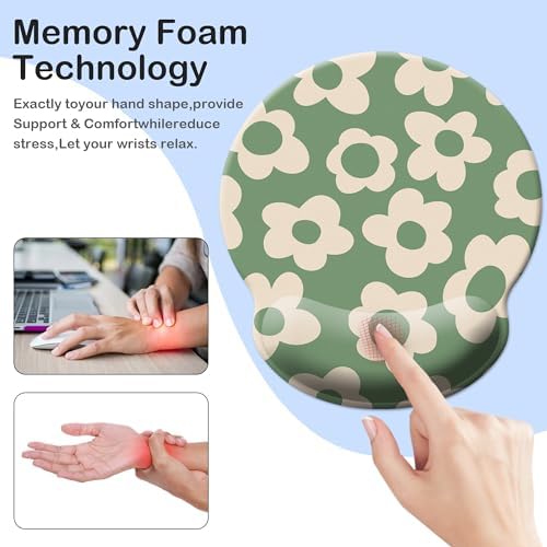 Green Mouse Pad Wrist Support,Ergonomic Mouse Pad with Wrist Rest,Comfortable Mousepad with Smooth Wrist Rest,Pain Relief Mouse Pads for Non-Slip Base,Computer,Laptop,Office(Vintage Groovy Flowers)