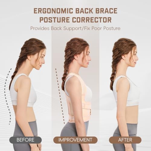Back Brace Posture Corrector for Women & Men, Adjustable Shoulder Straightener with Full Back Support, Relief for Lower & Upper Back Pain, Hunchback & Scoliosis (Beige, Large)