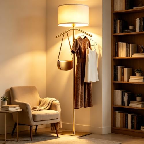 Gold Floor Lamp with Coat Rack, 3 Color Dimmable Standing Lamp with Hooks, Standing Floor Reading Light with Soft Linen, Freestanding Clothing Hanging Tall Lamp for Entryway Hallway Bedroom Apartment