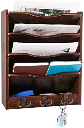 PAG-Mass 5-Tier Wall File Holder Hanging Mail Organizer Wood Magazine Literature Rack with 6 Hooks, Brown