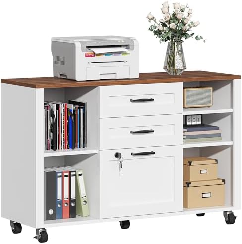 3 Drawer Wood Lateral File Cabinet with Lock, Rolling Mobile Filing Cabinet with Open Storage Shelves, Printer Stand Office Storage Cabinet for Home Office Fits Files Legal/A4 Size, White