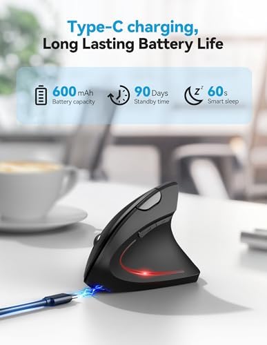 TECKNET Vertical Ergonomic Mouse with Jiggler Bluetooth Rechargeable