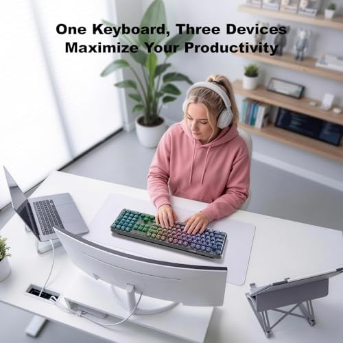GEEZER Computer Backlit Keyboard Black Crystal - Full-Size Bluetooth Wireless Rechargeable Transparent Keycap Portable Keyboards Compatible with Windows, Laptop, PC, Desktop