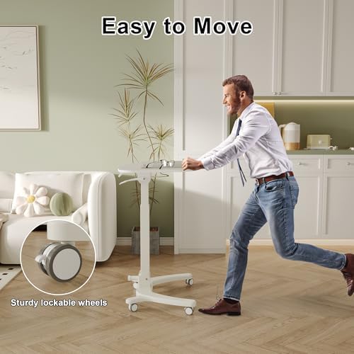 BONTEC Mobile Foldable Standing Desk, Gas Spring, 25.6 x 19.7 Inch, White