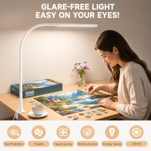 Desk Lamp with Clamp for Home Office, 3 Colors Stepless Dimming for Puzzle