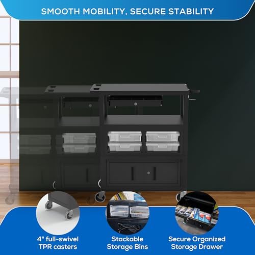 A-to-Z 289-ECMBSKBC-B Luxor 32" x 18" Deluxe Teacher Cart – Locking Cabinet, Storage Bins, Retractable Keyboard Tray, Pocket Chart Hooks, Cup Holder, Ergonomic Handle, Mobile Design, 4" Casters