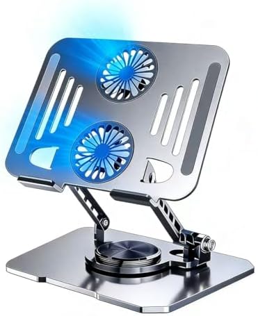 Laptop Tablet Cooling Stand with 360° Rotation Base and USB Dual Cooler, Adjustable Height Support Compatible with Tablets, iPad, 10-17" Notebook (Silver)