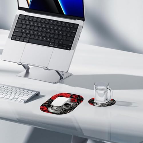 Small Mouse Pad，Mini Mouse Pad 6 x 7 Inch，for Laptop Keyboard Tray Wireless Mouse Home Office Travel，with Non-Slip Rubber Base, Waterproof Mouse Mat，Skull with Red Flowers