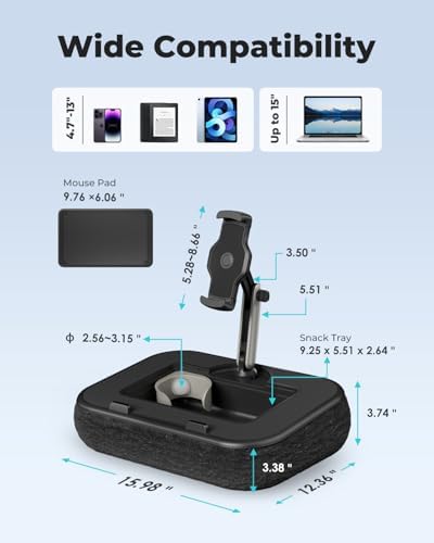 Viozon Kindle Pillow Stand Holder, Phone holder for Bed, Laptop Lap Desk with Mouse Pad,Compatible with 4.7-13" Kindle/Tablet/Phone,10-15"Laptop, Snack Bowl&Cup Attachment&Detachable 360°Stand Arm, B