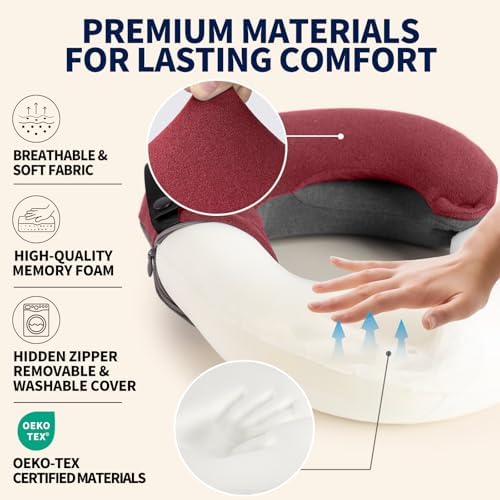 BUYUE Kids Travel Pillows for Airplane, Memory Foam 360° Head Support Sleeping Essentials for Long Flight, Skin-Friendly Soft Neck Pillow for Traveling in Car Seat, (Small, Red Grey, 40-90 lbs)