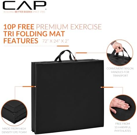 CAP Barbell Folding Exercise Mat – Durable, Anti-Tear, Thick Padding for Fitness, Aerobics, Gymnastics & Home Workouts. 72"L x 24"W x 2"Thick. BLACK
