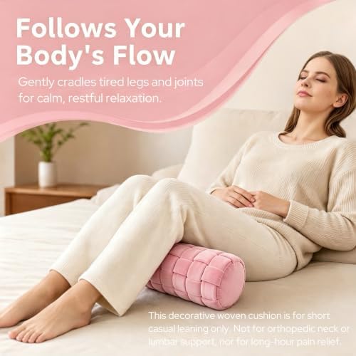 Soft Cylinder Lumbar Pillow, 15.7 x 5.9 Inch Hand-Woven Velvet Neck Roll Pillow, Polyester Fiber Filled for Neck Back Leg Relaxation, Decorative Throw for Couch Sofa Bed Office (Pink)