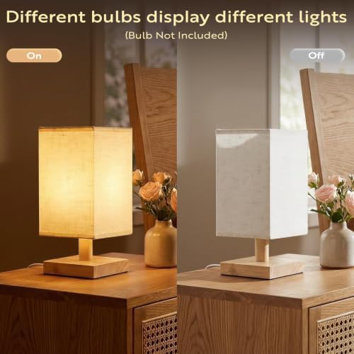 Small Table Lamp Set of 2, Square Short Bedside Lamps 2700K Warm LED with Linen Shade & Wood Base, USB Nightstand Lamps for Bedroom Living Room