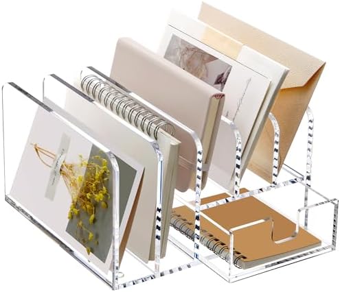 Acrylic Mail Sorter Desk Organizer Holder with Drawer, 5 Compartments Clear