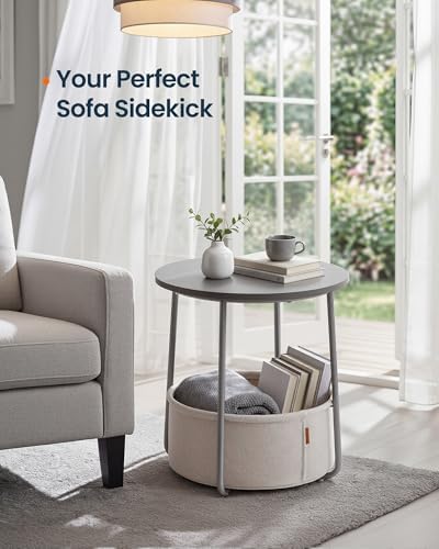 SONGMICS HOME Small Side Table, Round End Table, 2 Tier Nightstand with Basket, U Shaped Steel Legs, Easy Assembly, for Living Room, Bedroom, Gray and White